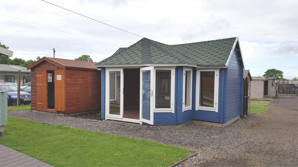 Blue log cabin