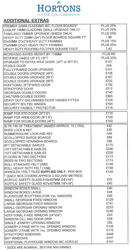 Optional extras for Shedlands sheds