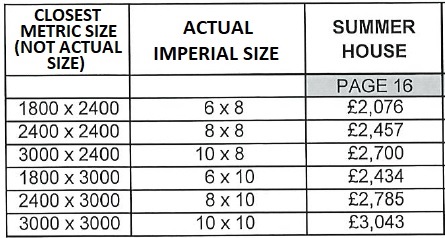 Shedlands Summerhouse price list