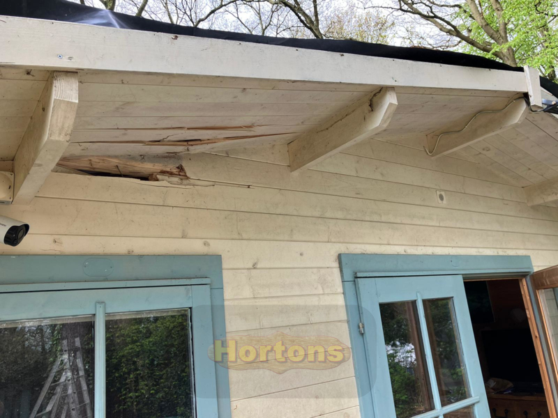 Log cabin roof canopy and wall crushed by falling tree
