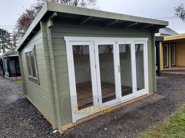 4m x 4m pent log cabin summerhouse in show site