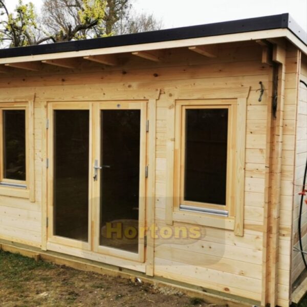 5m x 5m pent roof insulated log cabin front