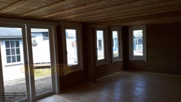 7.5m x 4.5m pent log cabin garden office in display centre