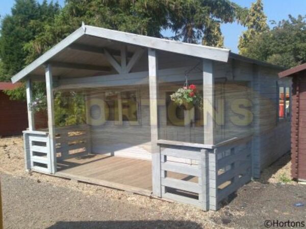 5m x 6.8m garden cabin with large veranda installed in Hortons showsite