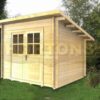 2.5x2.5m log cabin graphic front and side in garden