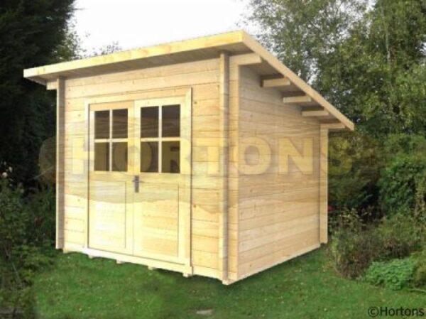 2.5x2.5m log cabin graphic front and side in garden
