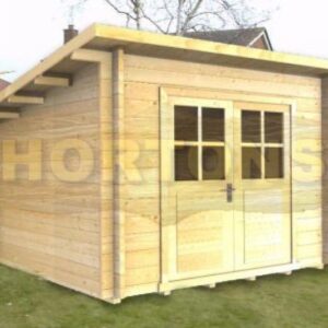 2.5m x 2.5m log cabin graphic in garden