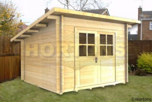 2.5m x 2.5m log cabin graphic in garden