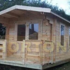 3m x 8m log cabin with veranda on timber base