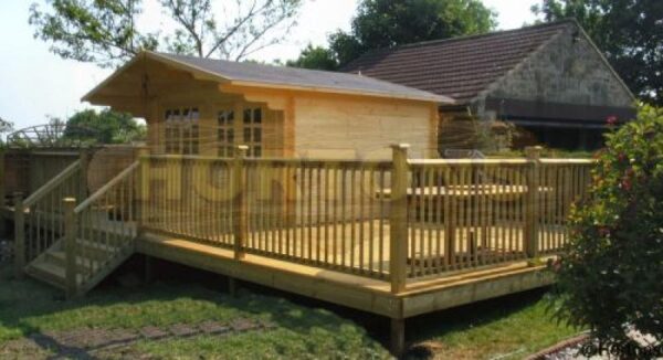 4.5m x 3m log cabin installed on decking
