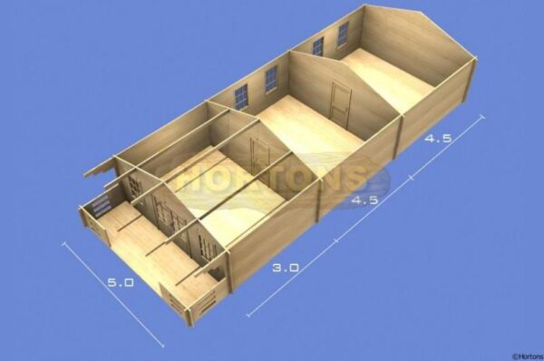 5m x 12m log cabin with 3 rooms 3D plan
