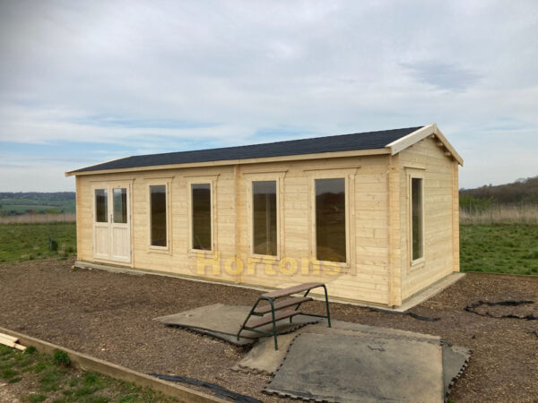8.5m x 3.5m garden cabin with half glazed double doors