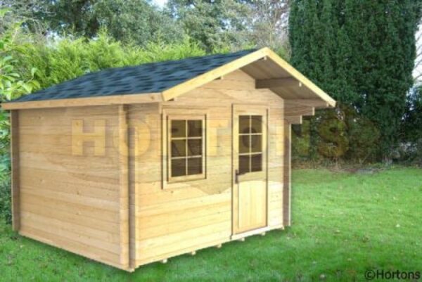 3m x 2m garden cabin front graphic in garden